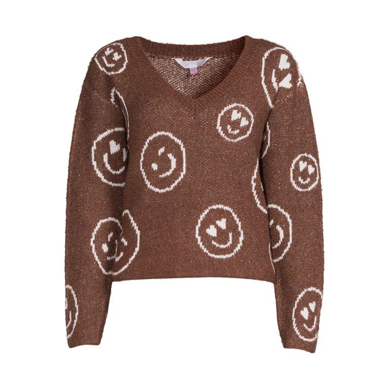 Brown Smiley Face V Neck Knitted Sweater