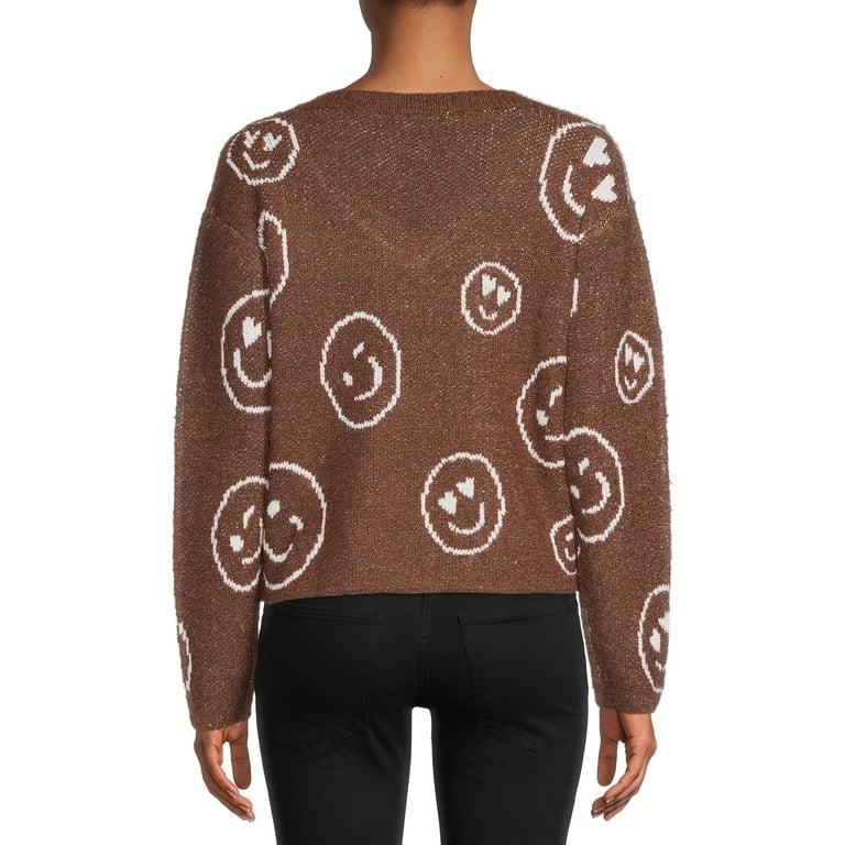 Brown Smiley Face V Neck Knitted Sweater