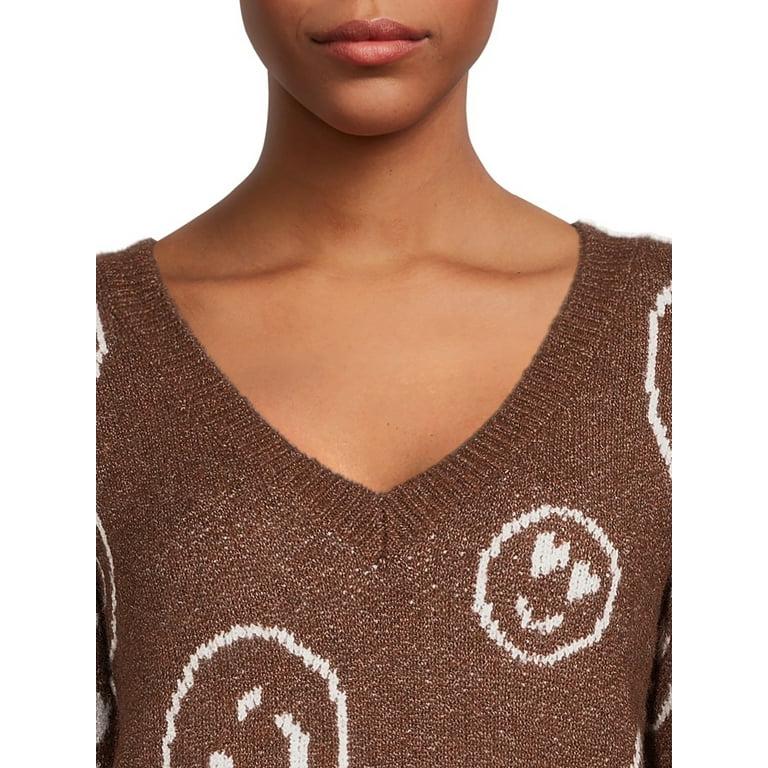 Brown Smiley Face V Neck Knitted Sweater