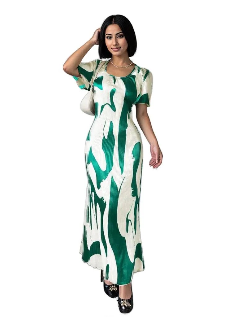 Abstract Print Maxi Dress - Short Sleeve Bodycon Dress