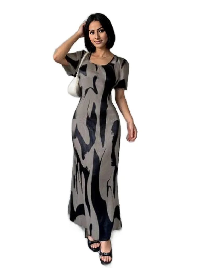 Abstract Print Maxi Dress - Short Sleeve Bodycon Dress