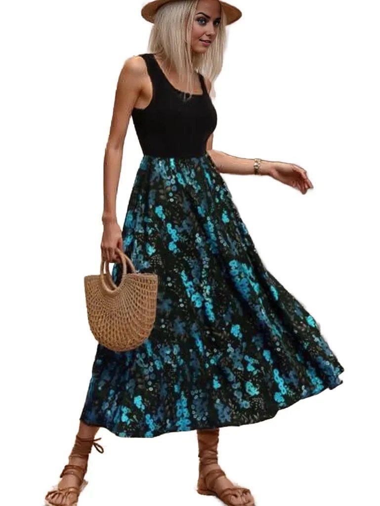 Elegant Two-Tone Maxi Dress – Chic Black Bodice & Flowing Floral Skirt