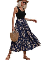 Elegant Two-Tone Maxi Dress – Chic Black Bodice & Flowing Floral Skirt