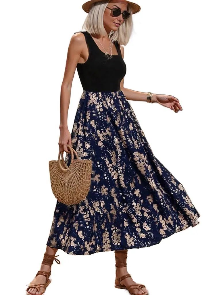 Elegant Two-Tone Maxi Dress – Chic Black Bodice & Flowing Floral Skirt