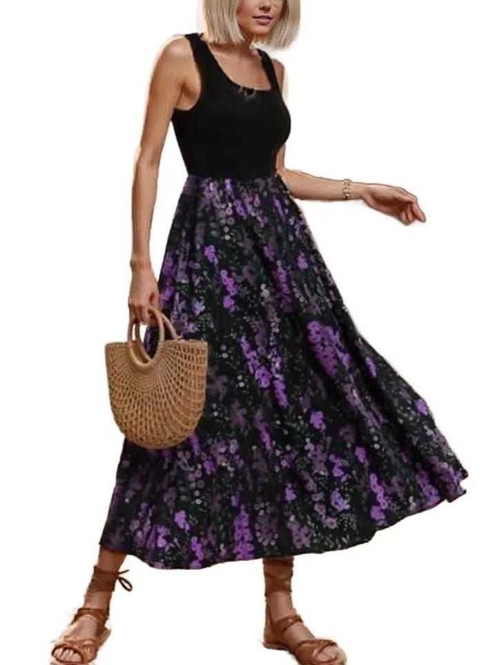 Elegant Two-Tone Maxi Dress – Chic Black Bodice & Flowing Floral Skirt