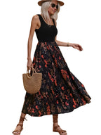 Elegant Two-Tone Maxi Dress – Chic Black Bodice & Flowing Floral Skirt