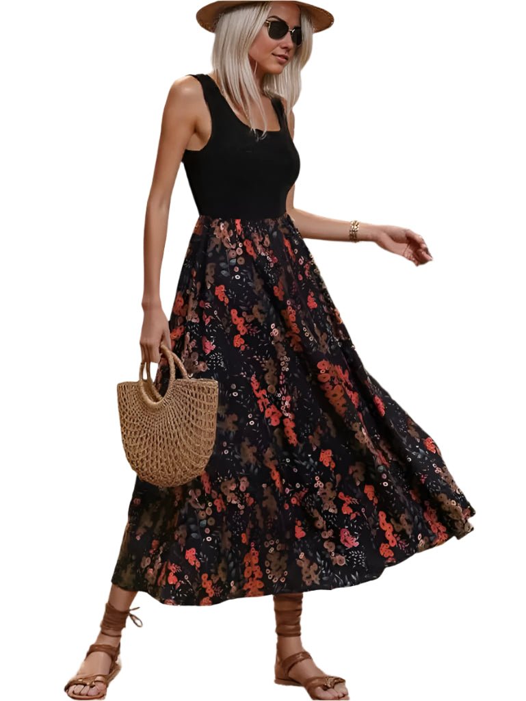 Elegant Two-Tone Maxi Dress – Chic Black Bodice & Flowing Floral Skirt