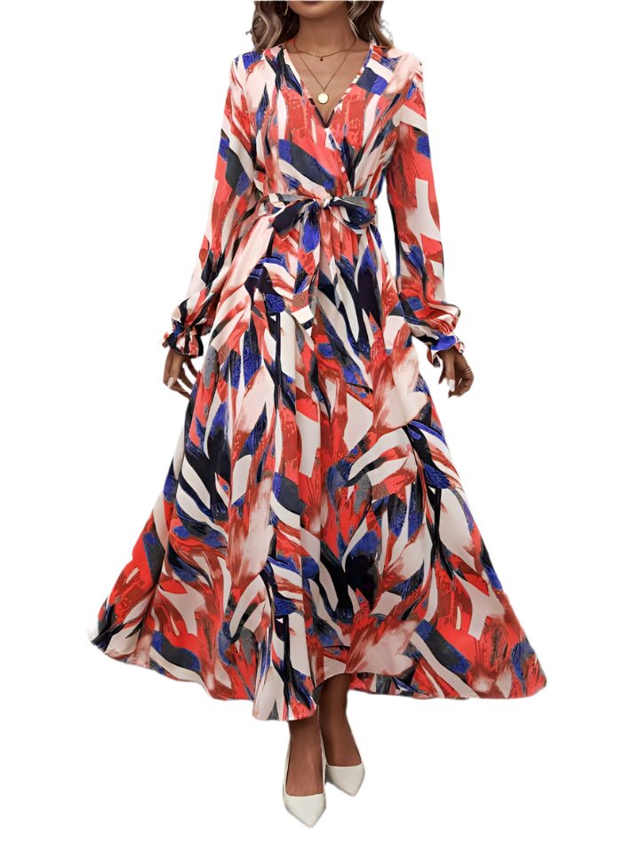 Chic Abstract Print Maxi Dress with Waist Tie – Vibrant & Elegant Flowy Style