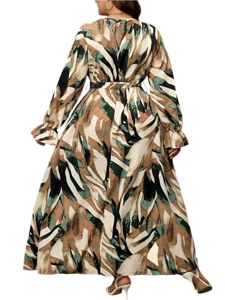 Chic Abstract Print Maxi Dress with Waist Tie – Vibrant & Elegant Flowy Style