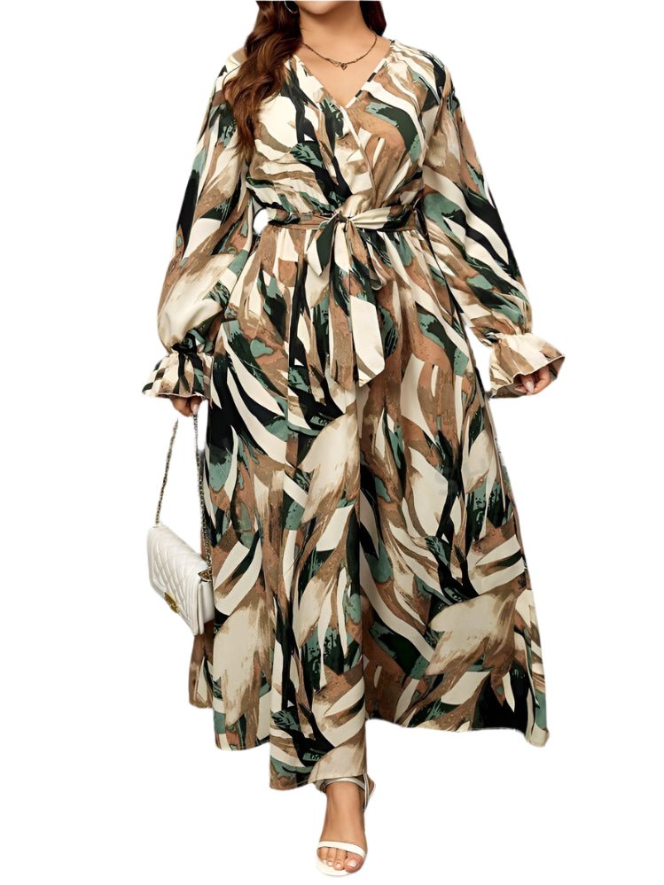 Chic Abstract Print Maxi Dress with Waist Tie – Vibrant & Elegant Flowy Style
