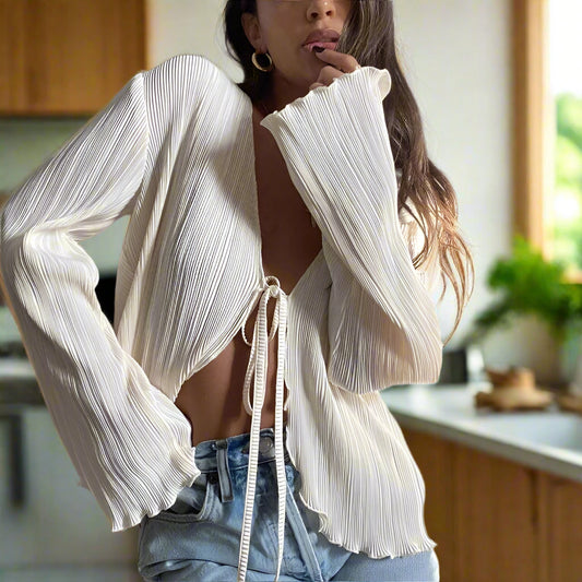 Casual Loose Long Sleeve Pleated Blouse – Lace-Up Front & Flare Sleeves
