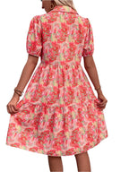 Floral Puff Short Sleeve Button-Down Midi Dress