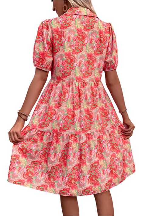 Floral Puff Short Sleeve Button-Down Midi Dress