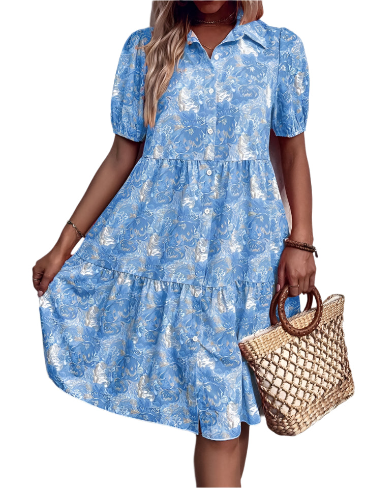 Floral Puff Short Sleeve Button-Down Midi Dress