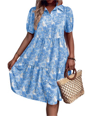 Floral Puff Short Sleeve Button-Down Midi Dress | Feminine & Timeless