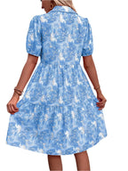 Floral Puff Short Sleeve Button-Down Midi Dress
