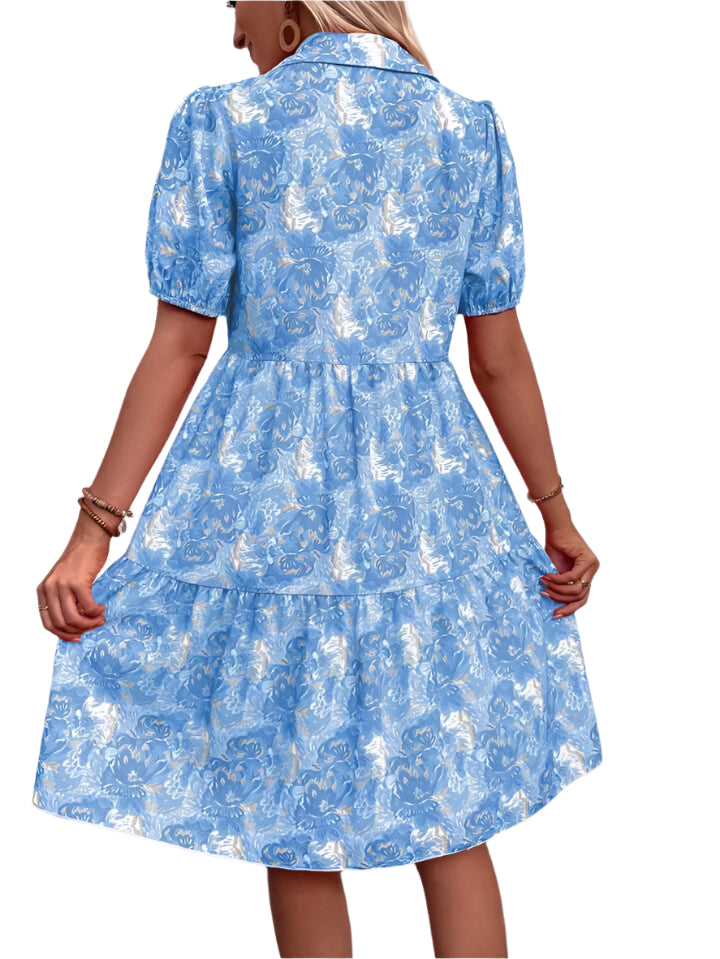Floral Puff Short Sleeve Button-Down Midi Dress