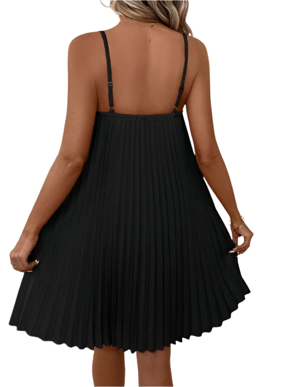 Elegant Pleated Swing Dress – Spaghetti Strap Flowy Mini