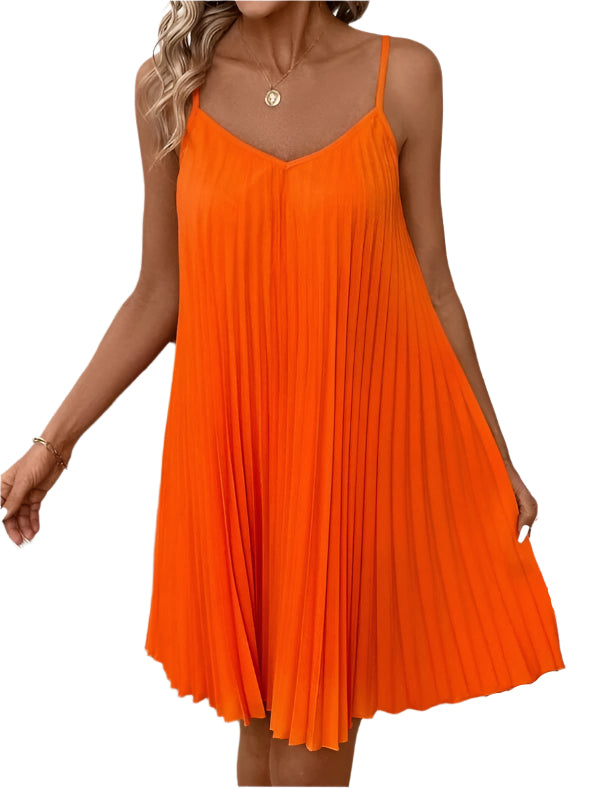 Elegant Pleated Swing Dress – Spaghetti Strap Flowy Mini