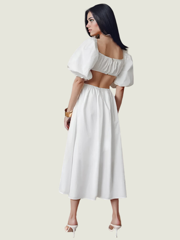 Elegant Puff Sleeve Midi Dress – Chic Cutout Details
