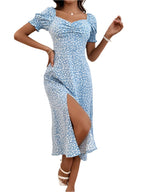Elegant Blue Floral Puff Sleeve Midi Dress – Chic & Stylish