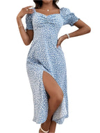 Elegant Blue Floral Puff Sleeve Midi Dress – Chic & Stylish