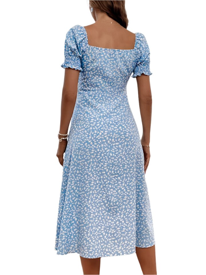 Elegant Blue Floral Puff Sleeve Midi Dress – Chic & Stylish