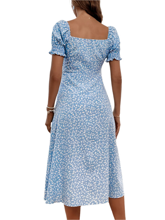 Elegant Blue Floral Puff Sleeve Midi Dress – Chic & Stylish