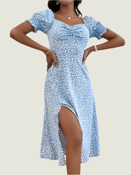Elegant Blue Floral Puff Sleeve Midi Dress – Chic & Stylish