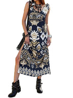 Navyblue Geometric Sleeveless Maxi Dress with Thigh-High Slit