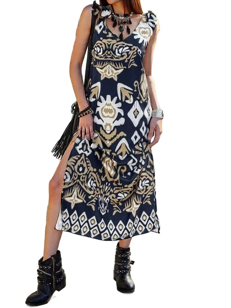 Navyblue Geometric Sleeveless Maxi Dress with Thigh-High Slit