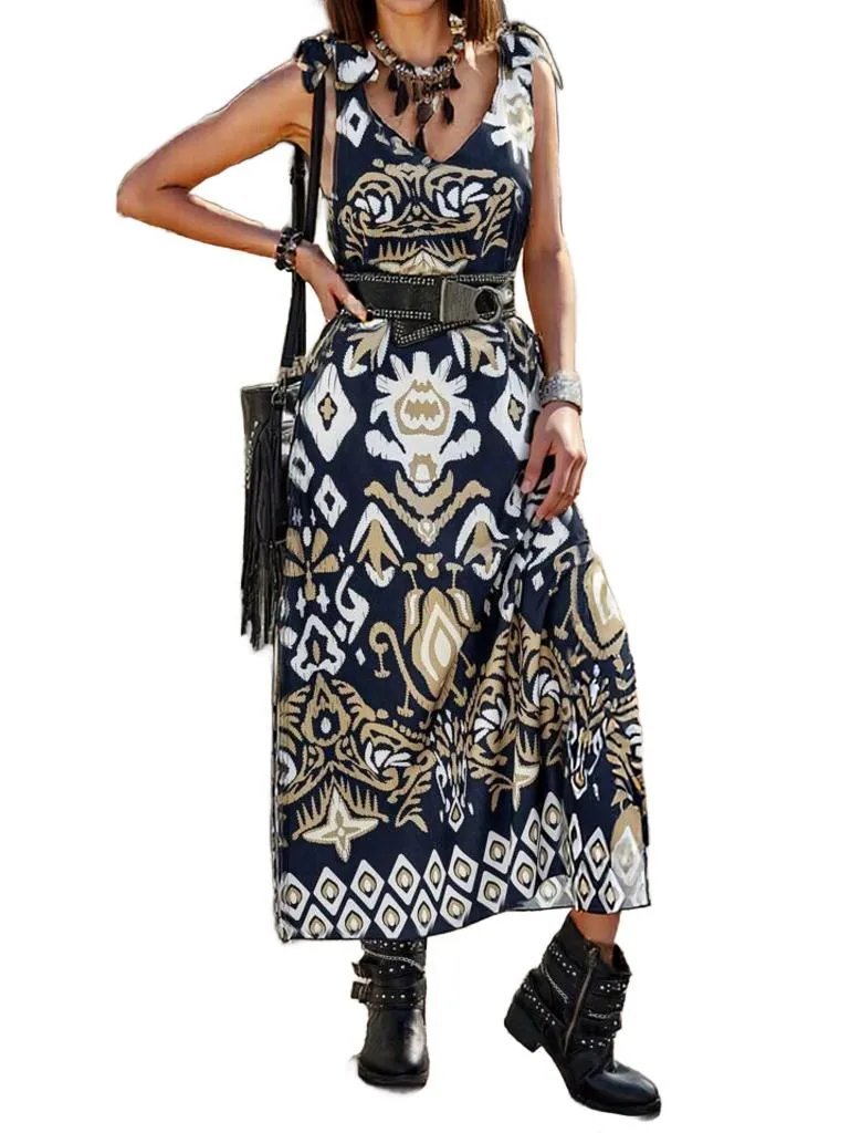 Navyblue Geometric Sleeveless Maxi Dress with Thigh-High Slit