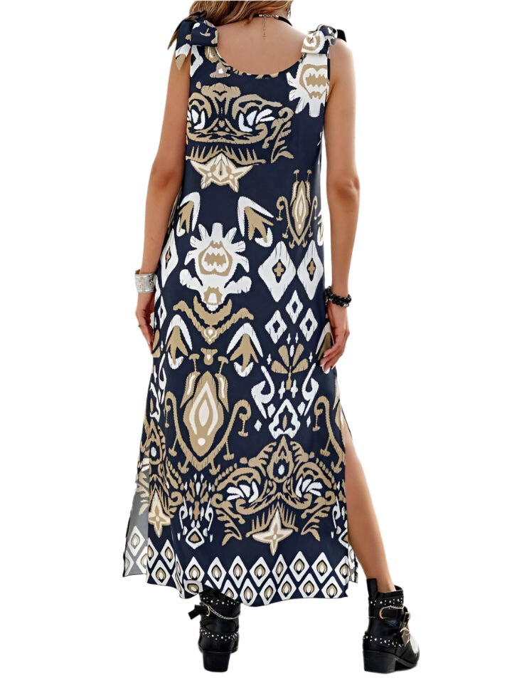 Navyblue Geometric Sleeveless Maxi Dress with Thigh-High Slit