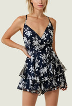 Trendy Floral Rompers  Spaghetti Strap Tie Ruffle Short Jumpsuits