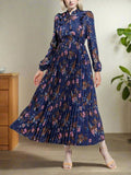 Elegant Floral Print Pleated Maxi Dress  High Waist Tie Neck Dress