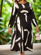 Black & White Abstract Print Belted Maxi Dress  Long Sleeve