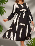 Black & White Abstract Print Belted Maxi Dress  Long Sleeve
