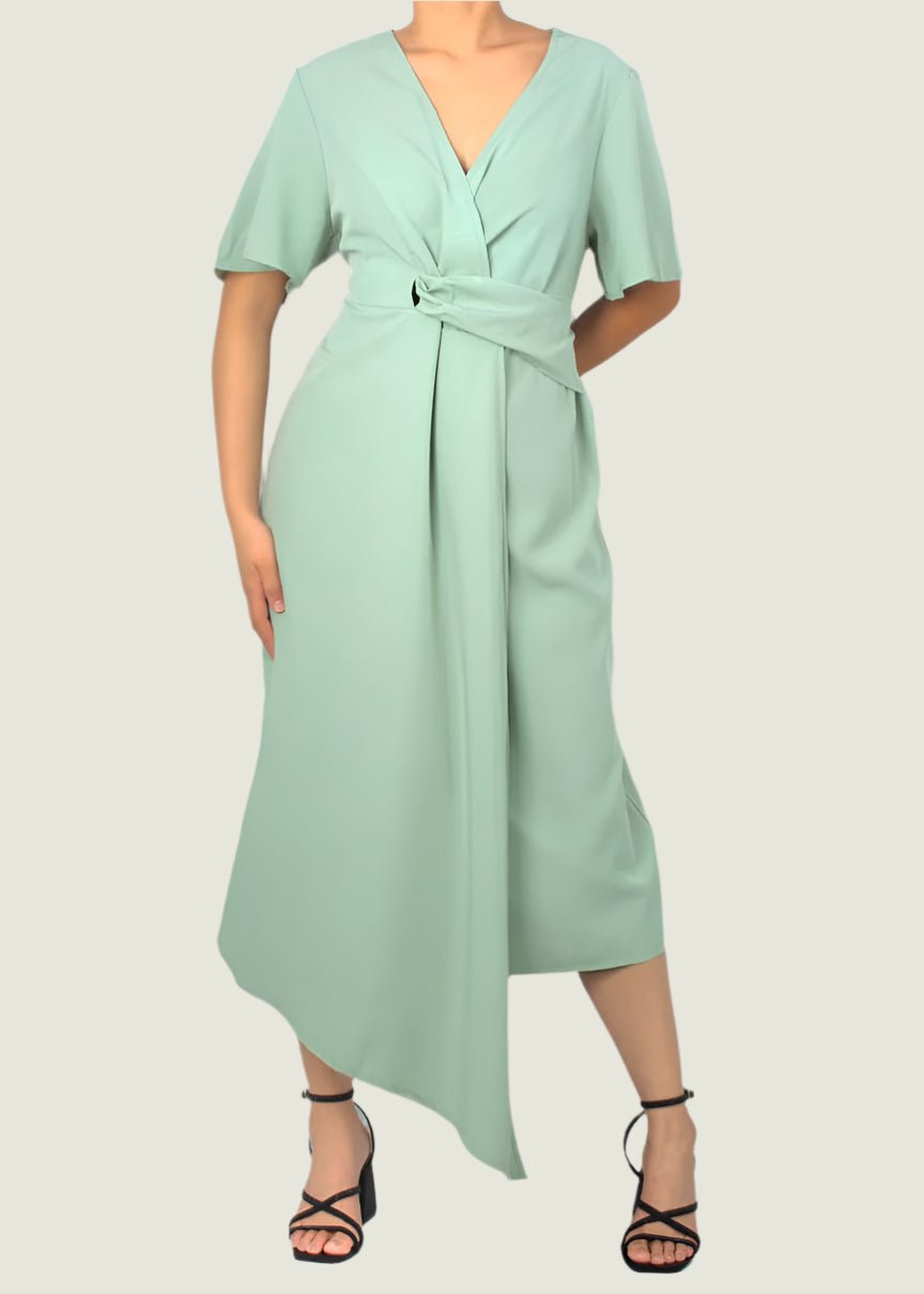 Elegant Wrap Style Midi Dress - Flutter Sleeves