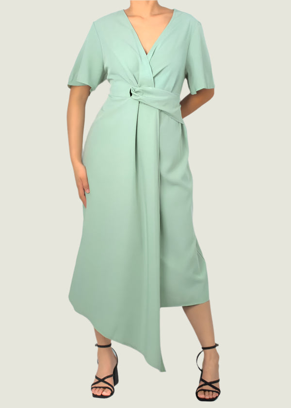 Elegant Wrap Style Midi Dress - Flutter Sleeves