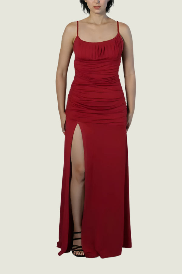 Elegant Square Neck Ruched Evening Maxi Dress