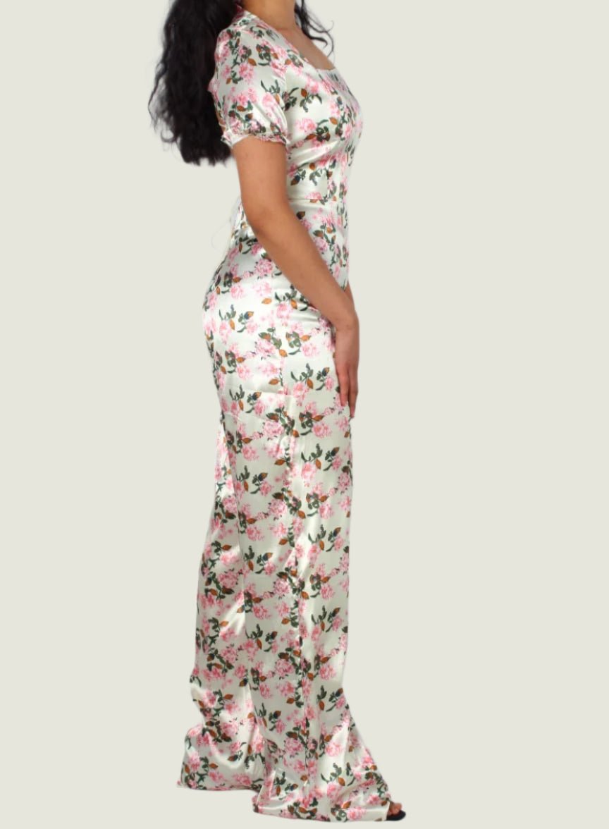 Floral Satin Bloom Jumpsuit – Graceful Power with a Lace-Up Twist