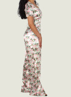 Floral Satin Bloom Jumpsuit – Graceful Power with a Lace-Up Twist
