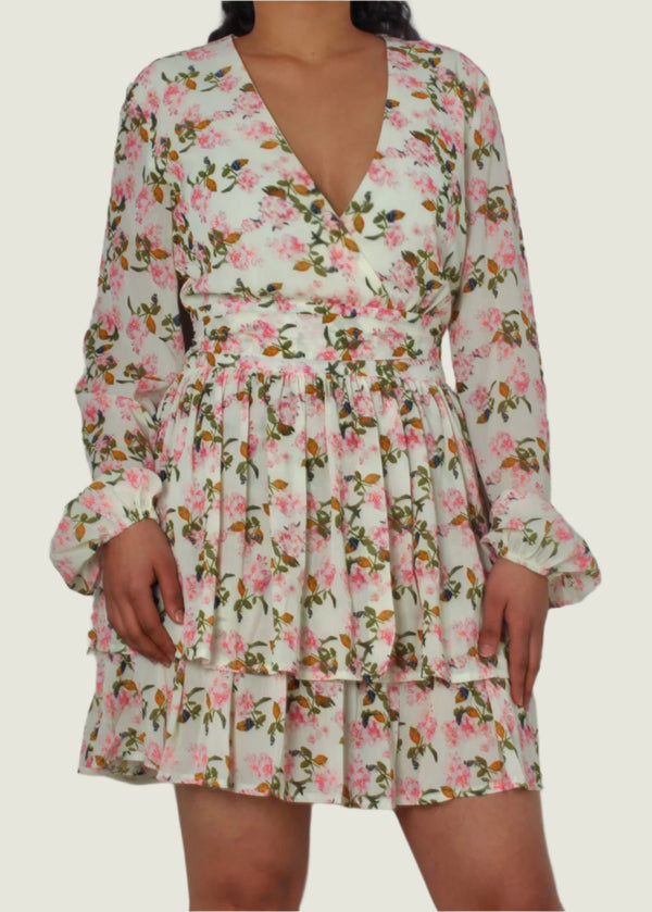 Bishop  Sleeve Tier Layered Floral Mini Dress