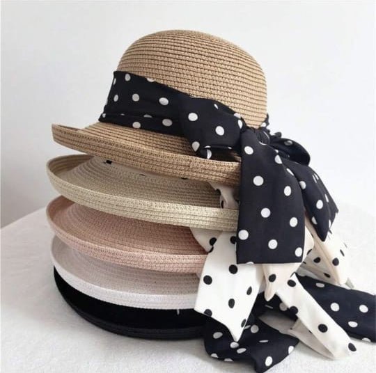 Polka Dot Bow Wide-Brim Sun Hat – Elegant Summer Beach Hat