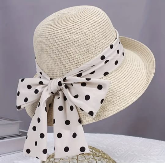 Polka Dot Bow Wide-Brim Sun Hat – Elegant Summer Beach Hat