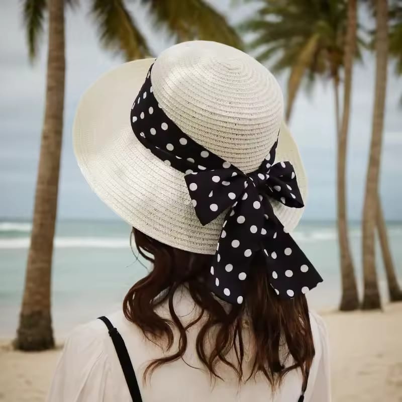 Polka Dot Bow Wide-Brim Sun Hat – Elegant Summer Beach Hat