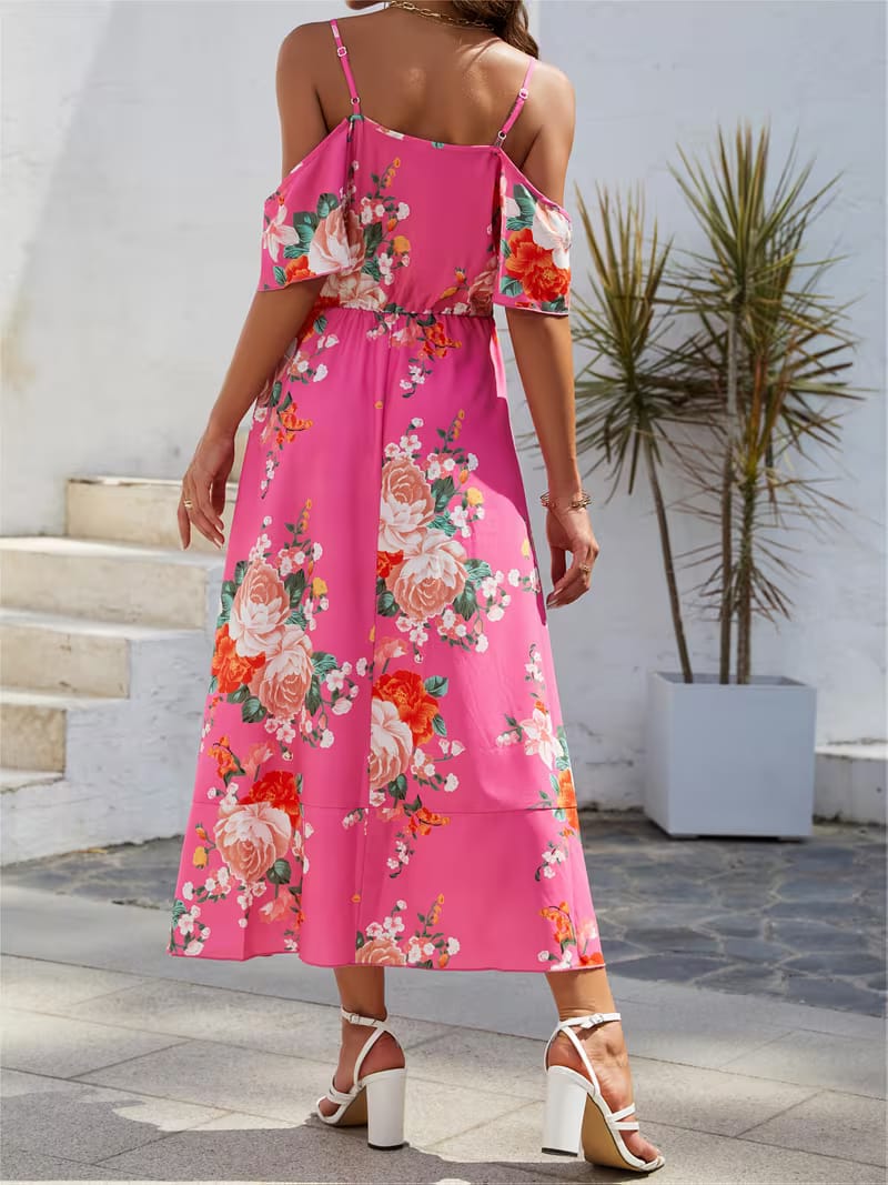 Tropical Floral Shoulder Cutout Midi Dress