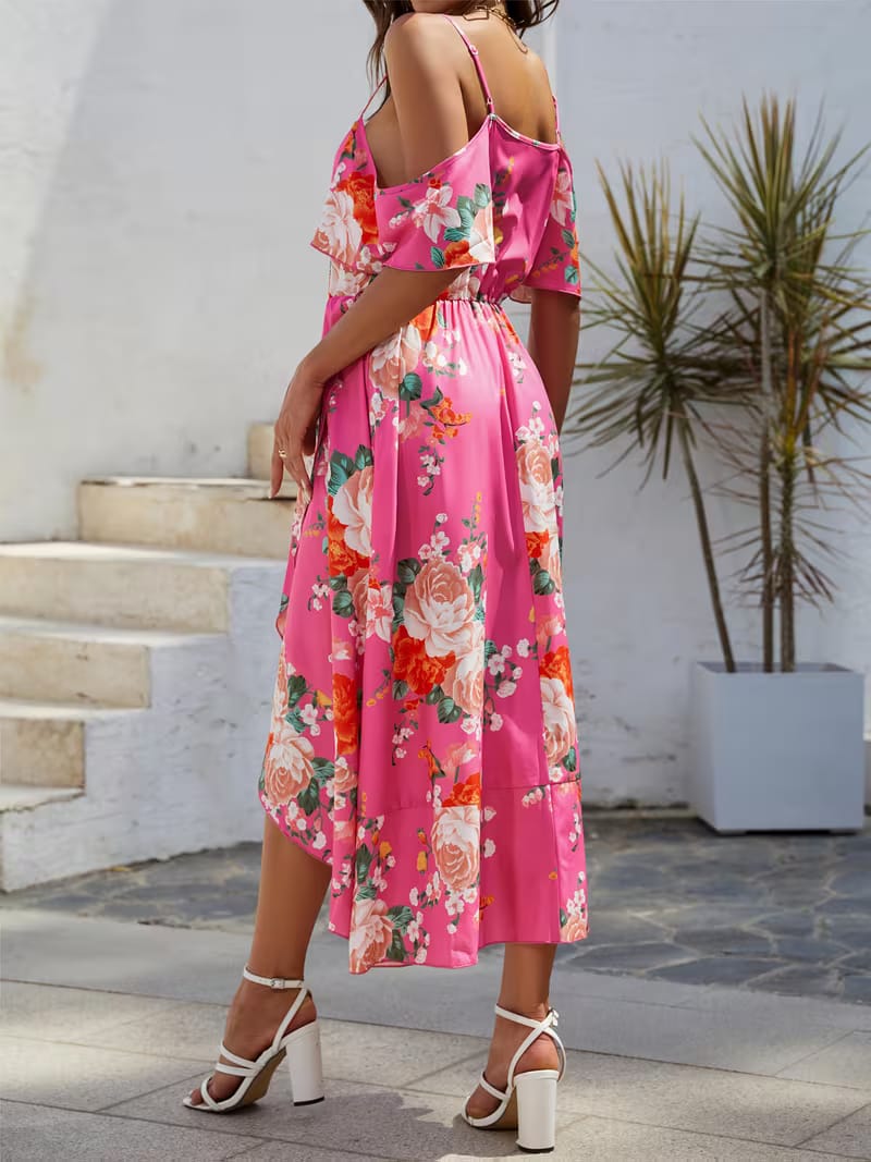 Tropical Floral Shoulder Cutout Midi Dress