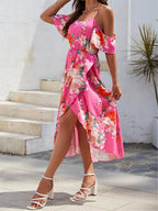 Tropical Floral Shoulder Cutout Midi Dress