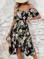 Tropical Floral Shoulder Cutout Midi Dress